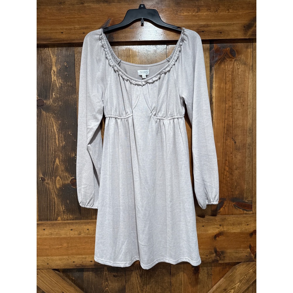True Craft Womens Long Sleeve Empire Waist Ruffle Neck Knit Mini Dress Grey